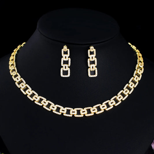 Wholesale 18k Gold Plated Cubic Zirconia Necklace and Earrings HipHop Cuban Chain Link Party Jewelry Sets for Women Men