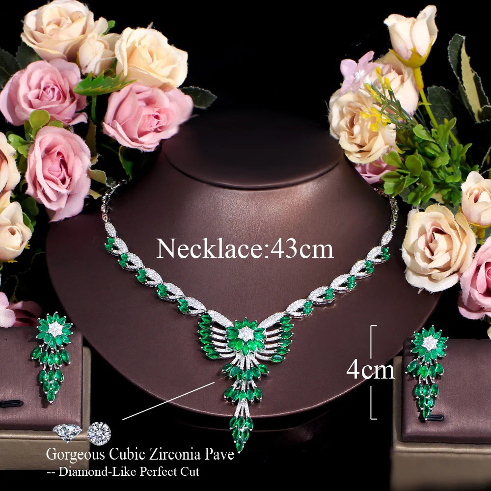 Wholesale Women Luxury Jewelry Cubic Zirconia Stone Paved Necklace and Drop Earrings Bridal Green Jewelry Set for Wedding