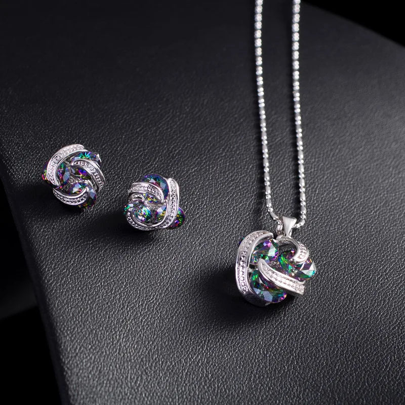 S&S Multi-Colour Fire Topaz CZ Pendant Necklace & Stud Earrings Set – White Gold Plated – Collection