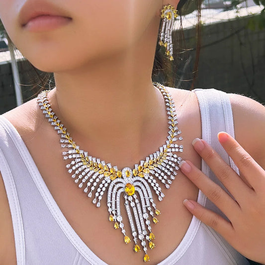 Luxury 5A Pear-Cut Yellow Zirconia Bohemian Necklace & Earrings Bridal Set — Rhodium Plated