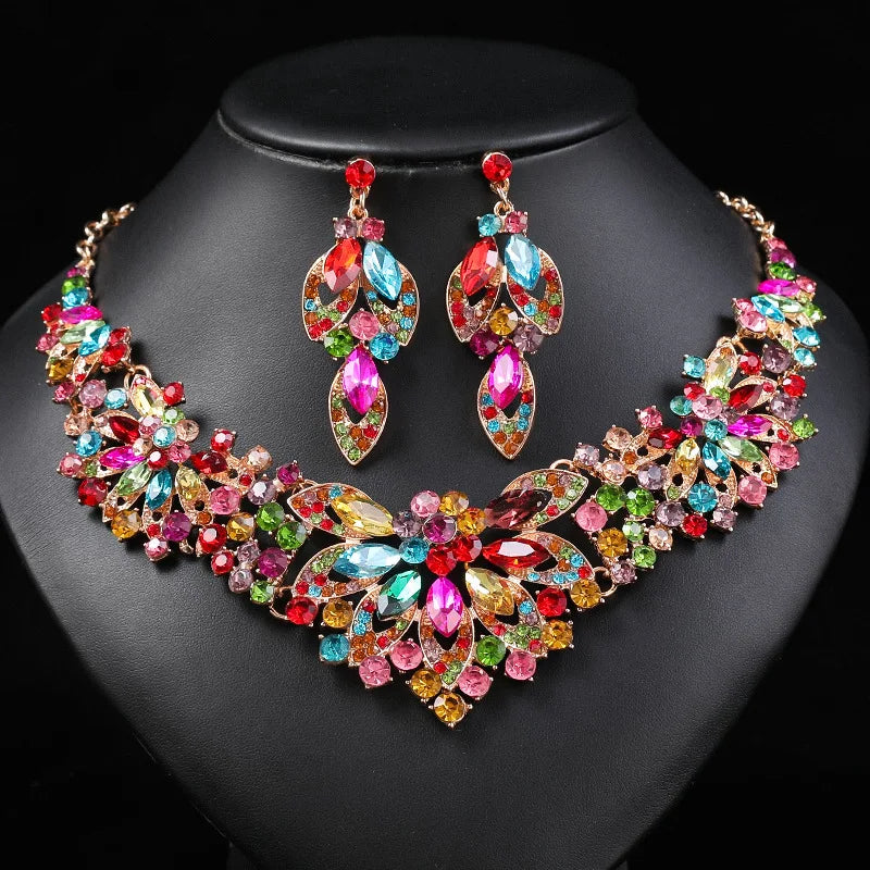 Retro Leaves & Flowers Crystal Necklace & Earrings Set | Exaggerated Luxury Bridal Jewellery | 10 Colours