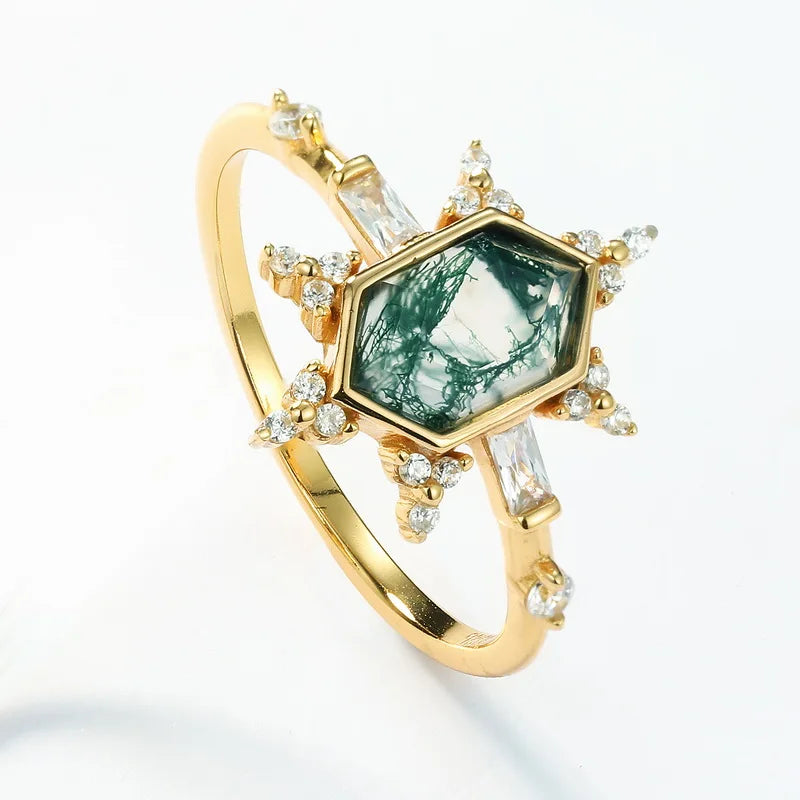 Hexagon Cut S925 Sterling Silver Natural Moss Agate Stack Ring Set Baguette Round White Stone Vintage Bridal Jewelry Gift