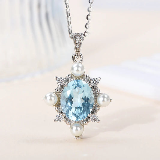 Gioiellieri Fashion Sky Blue Topaz Pendant Necklace Women 925 Sterling Silver Rhodium Plated Chain Zircon Natural Stone Jewelry