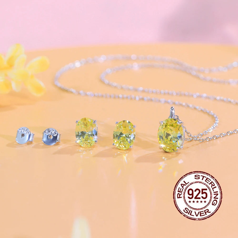 High Quality S925 Sterling Silver Pendant Earrings Green Oval Cubic Zirconia Jewelry Set for Women Daily Anniversary Wear