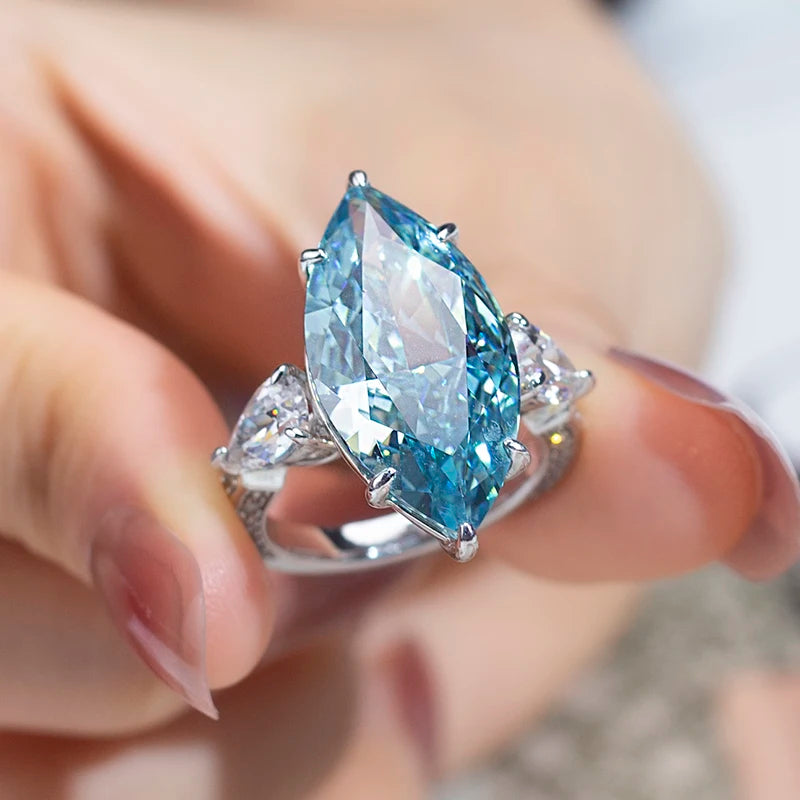 Messi Jewelry MSR-949 Silver Gold/Rose/White Big Carat Cubic Zirconia Diamond Ring Blue Marquise High Carbon Diamond Ring