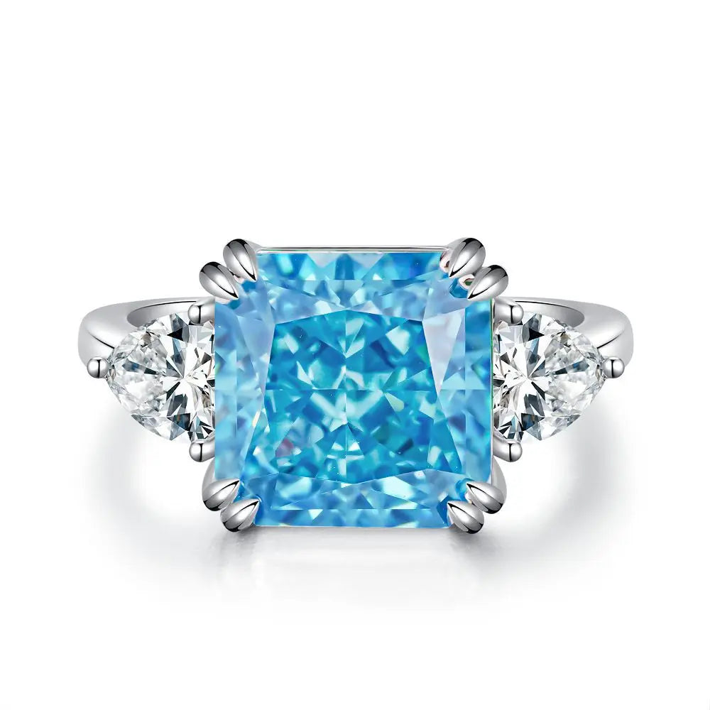 Waterproof Women 925 Sterling Silver Aquamarine 5A 8A Cubic Zirconia Ring Wedding Anniversary Rings Custom Jewelry Supplies