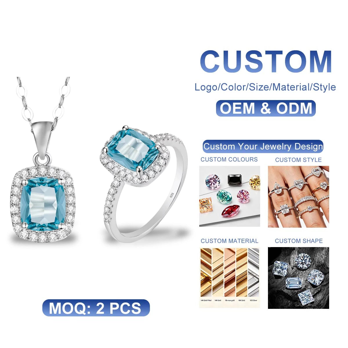 ArtistA 925 Silver Crystal Stone Rings and Pendant Necklace Sets Blue Topaz Aquamarine Gemstone Jewelry Display Set