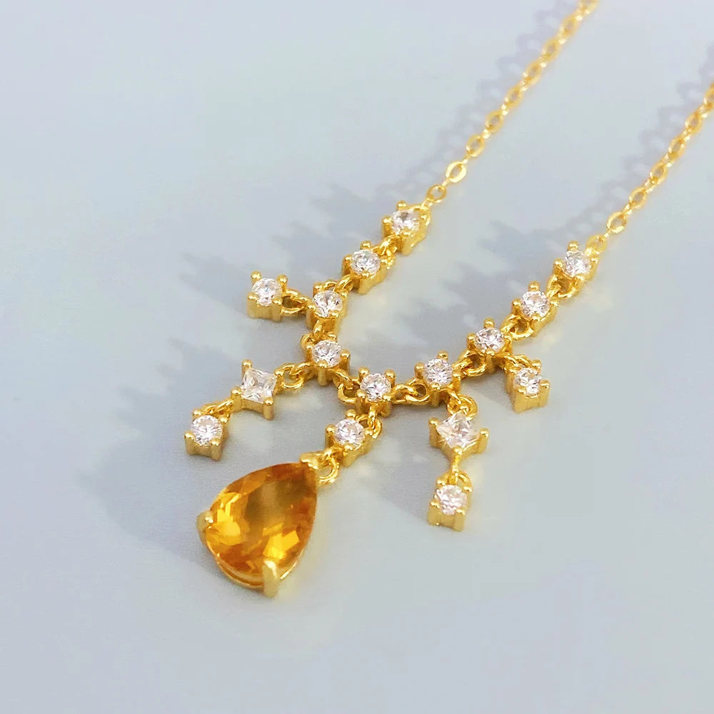 Gioiellieri 925 Sterling Silver Natural Citrine Pendant November Birthstone Yellow Gemstone Pear Cut Necklace Solitaire Chain Romantic
