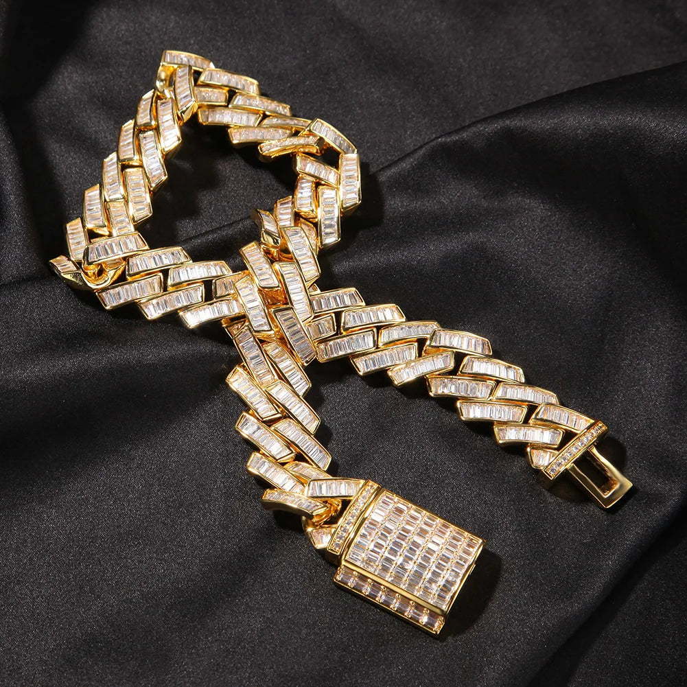 New 20mm Hip Hop Miami Cuban Chain Brass Iced Out Baguette Square Zirconia Necklace Jewelry for Men Women Iced Cuban Link Chains