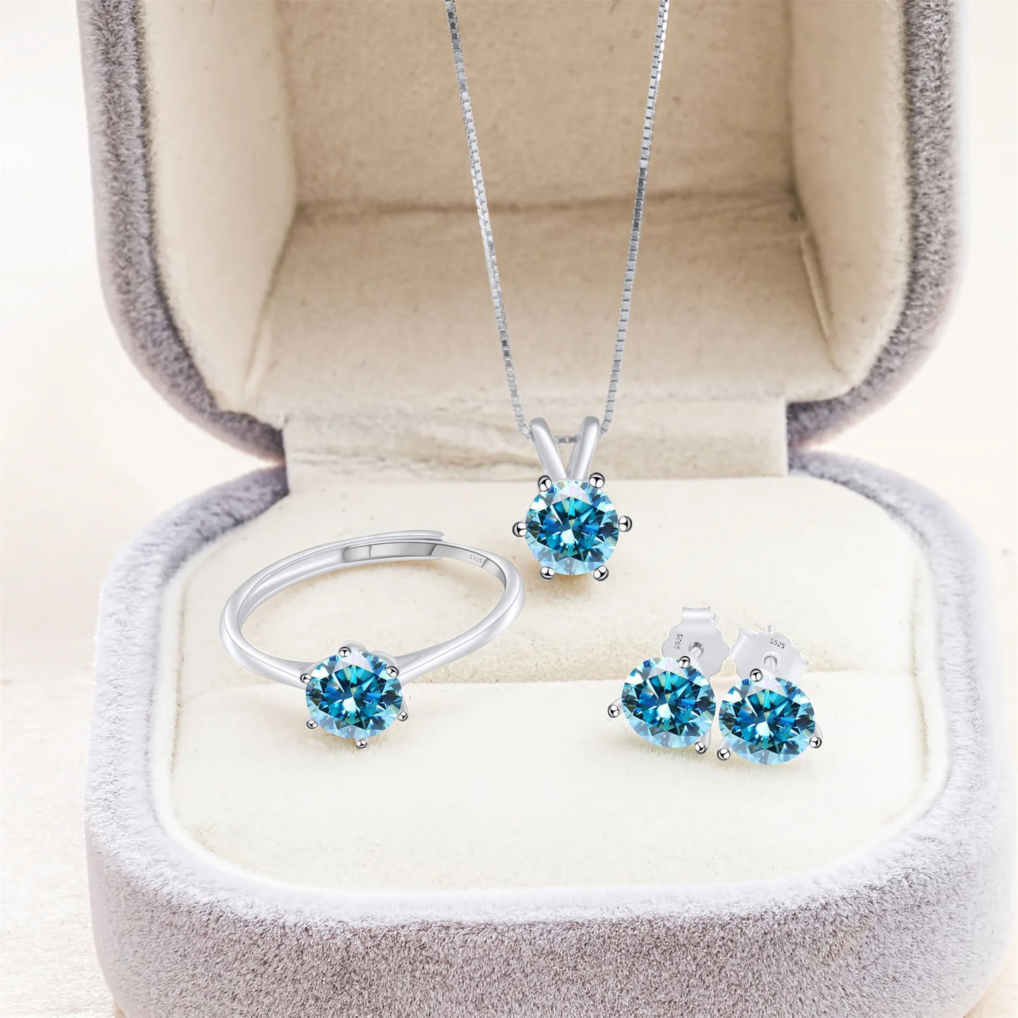 Simple D Color VVS1 GRA 1CT Round Cut Colored Moissanite Jewelry 925 Silver Wedding Ladies Necklace Earrings Ring 3 Piece Sets