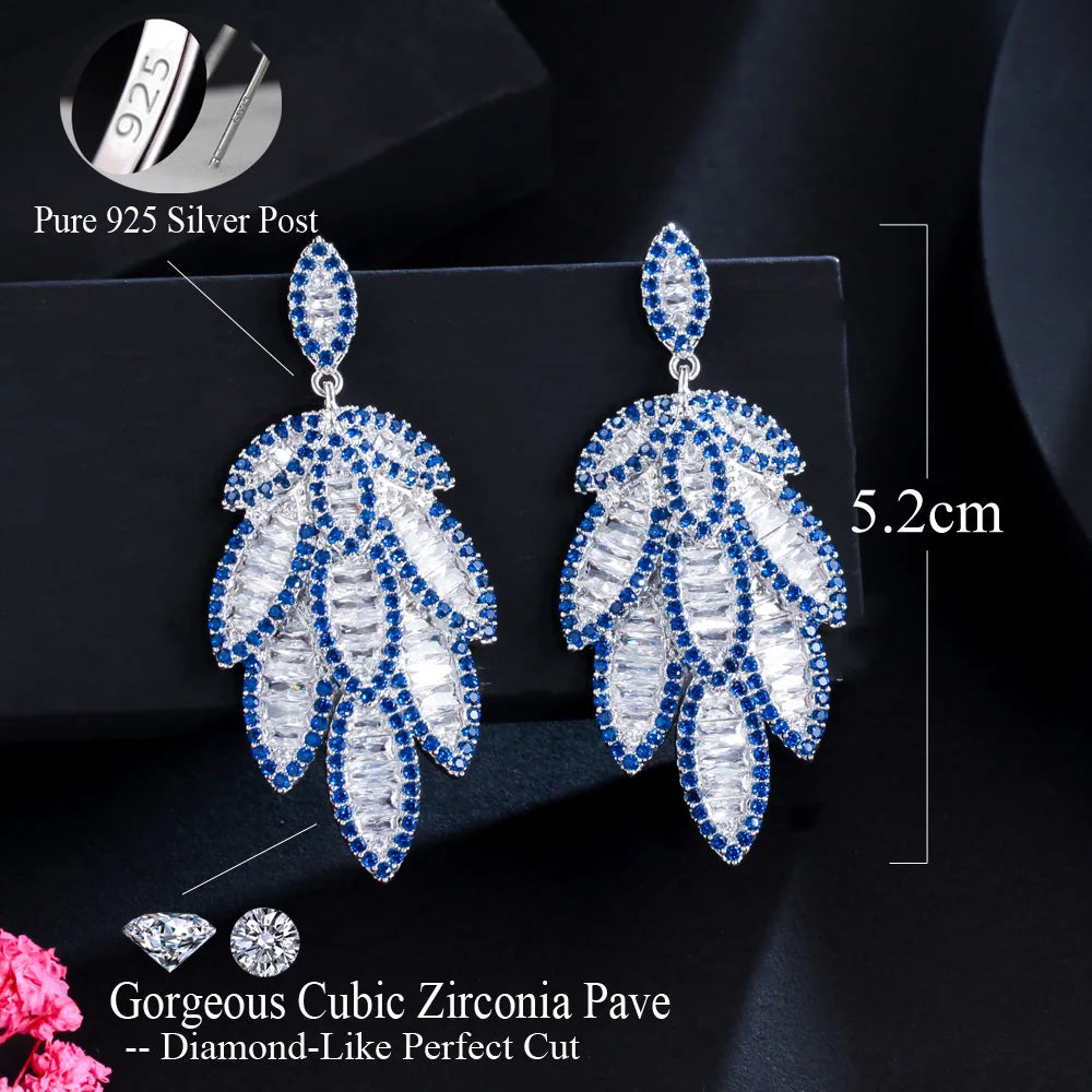 S&S Blue CZ Feather Leaf Full Pavé Dangle Earrings – 925 Silver Pin – Rhodium Plated – Collection