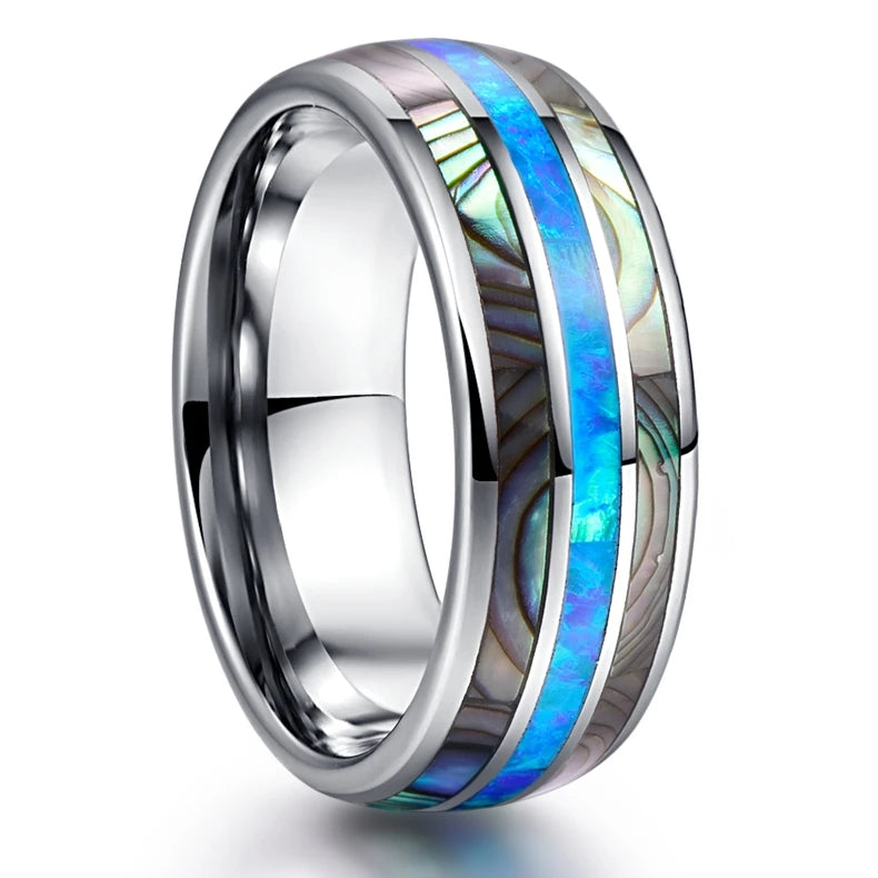 REBEL Tungsten Steel Ring with Abalone Shell Opal Inlay | Natural Opal Wedding Band