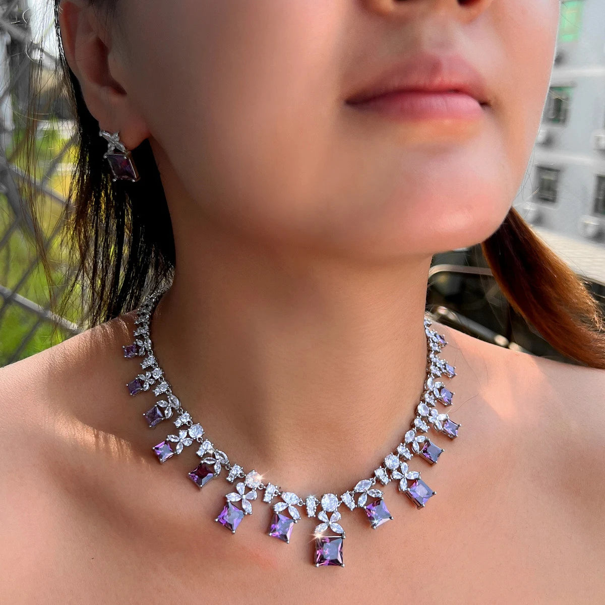 Wholesale Luxurious Designs Square Cubic Zircon Bridal Purple Jewelry Set for Women Anniversary Wedding Party Dress Accessories