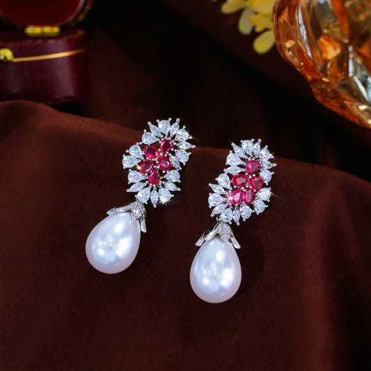 S&S Red CZ & Pearl Geometric Drop Earrings | Bridal Wedding Prom | NewLife