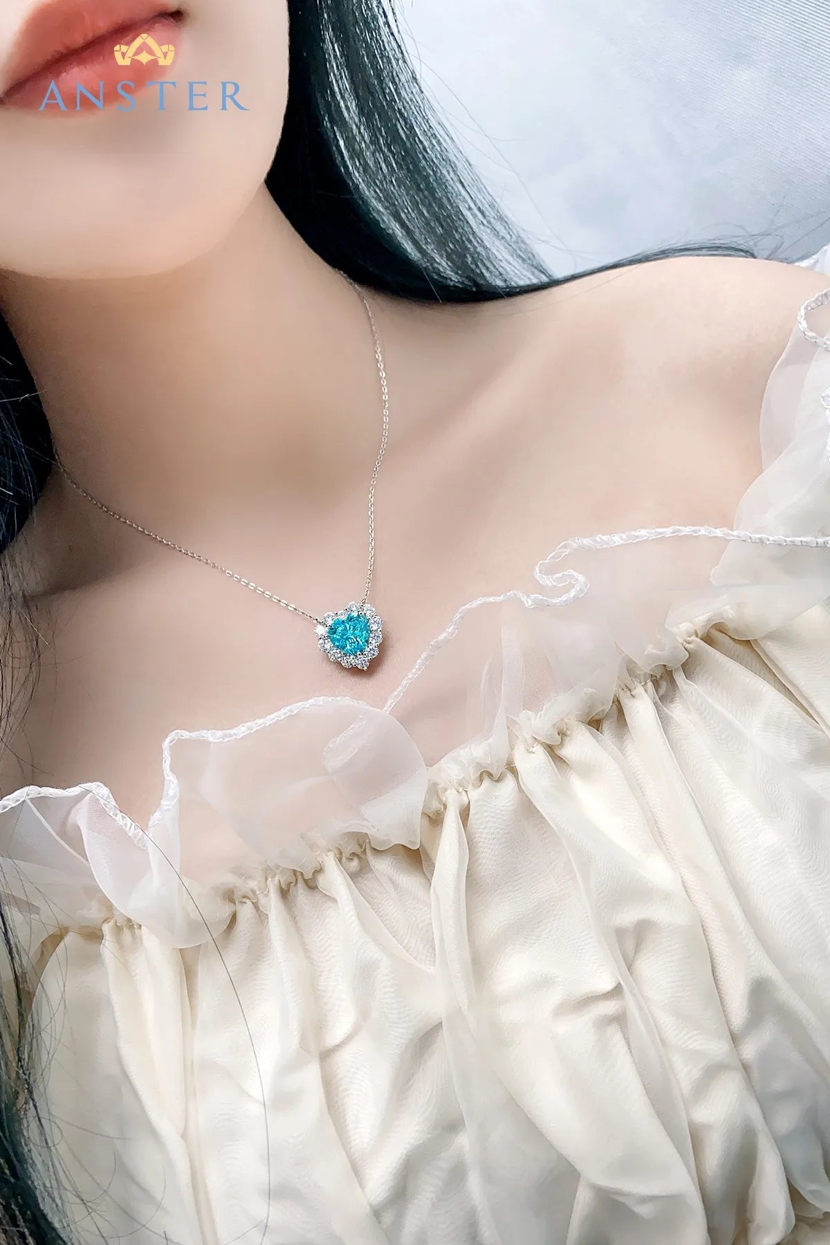 Gemfiori ANSTER Lab Grown Heart Cut Paraiba Necklace for Women 925 Sterling Silver Link Chain Pendant Necklace for Gift Party Anniversary