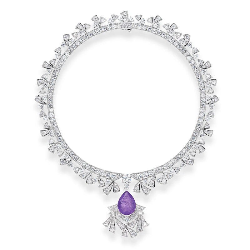 Luxurious Purple Water Droplet Necklace Earrings Fashionable Inlaid Cubic Zirconia Brass Women's Sexy Dress Accessories