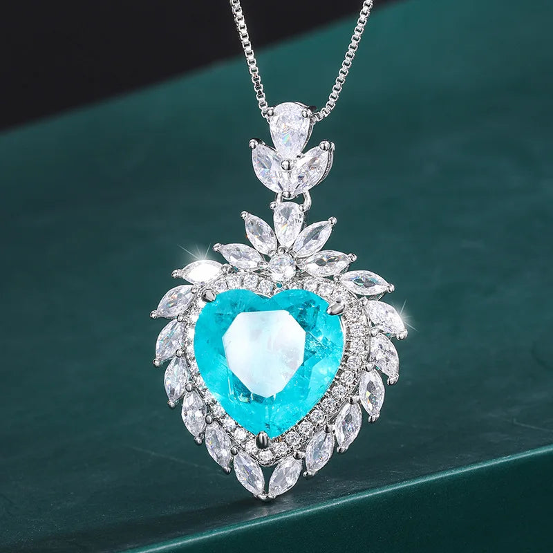 Gemfiori New Luxury Emerald Fusion Heart Gemstone Pendant Necklace Box Chain Emerald Green Gem Ring Ladies Women Wedding Jewelry Set Gift