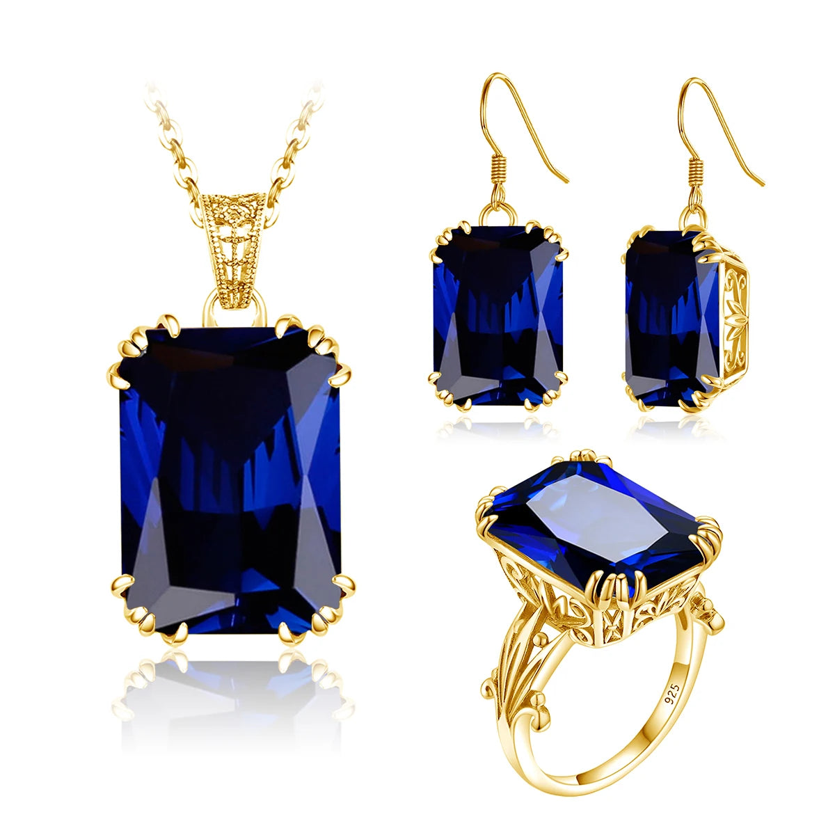 ArtistA Emerald Gemstone Vintage Engagement Wedding 925 Sterling Silver 18K Gold Plated Jewelry Set with Ring Earrings Pendant for Women