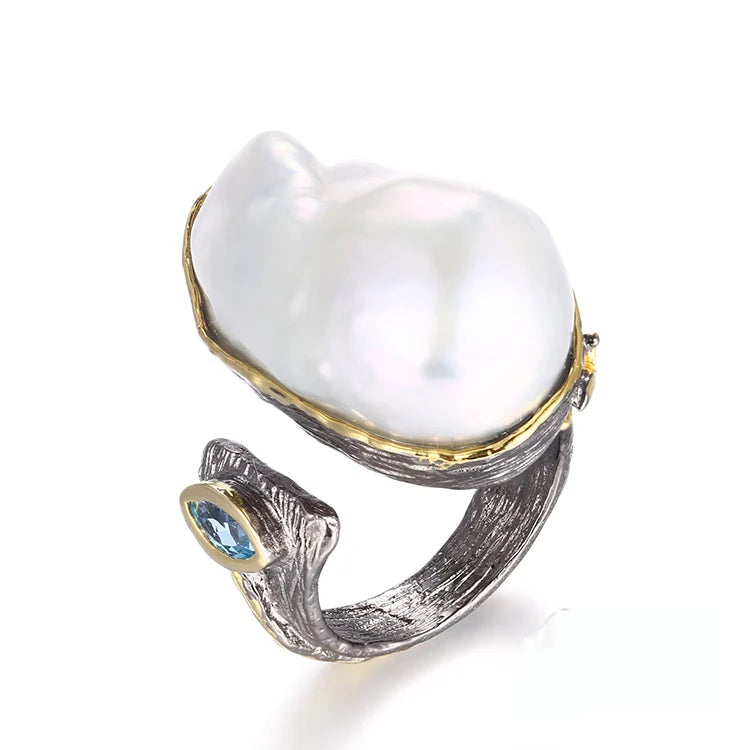 Big Natural Baroque Pearl 925 Sterling Silver Women Design Ring