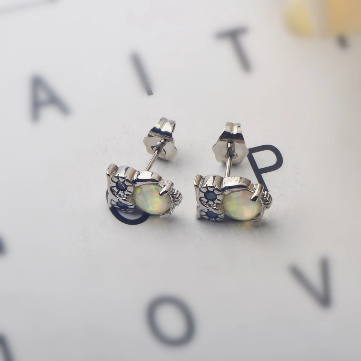 Aobao Women's Silver Plated Brass Stud Earrings with Geometric Owl Design Bohemian Christian Style Opal Gift