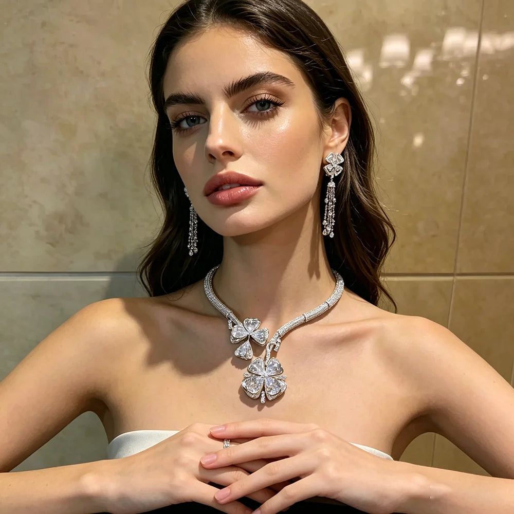 XM S294 Silver Plated Princess Cut Cubic Zirconia Four Leaf Clover Statement Necklace & Earrings Bridal Set