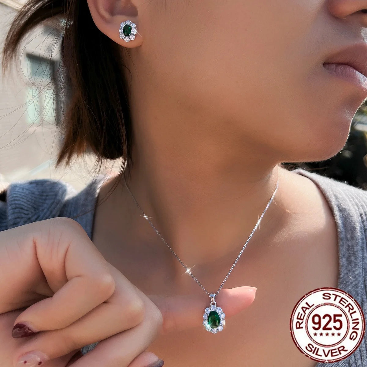 925 Sterling Silver Green Oval CZ Jewelry Set Rhodium Plated Flower Pendant Necklace Stud Earrings Bridal Wedding Engagement