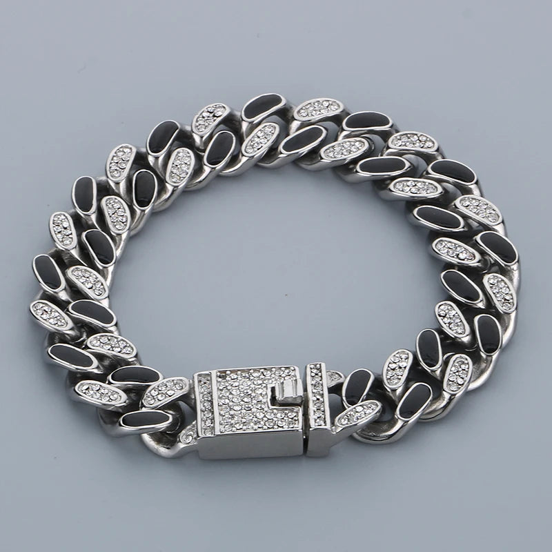 REBEL Unisex Hip-hop 205mm Stainless Steel&Rhinestones Cuban Links Bracelet