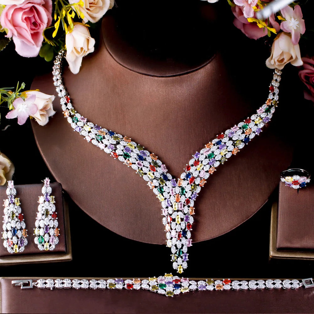Cubic Zirconia Stone Heavy Work Multi Color Big Necklace Arabic Dubai Bridal Jewelry Set for Women Luxury Wedding Accessories