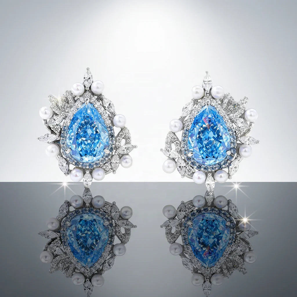MUSHAN Jewelry Factory 925 Sterling Silver Stud Earrings Luxury HCD Aquamarine Synthetic Sapphire Ear Pin Earrings Stud Jewelry