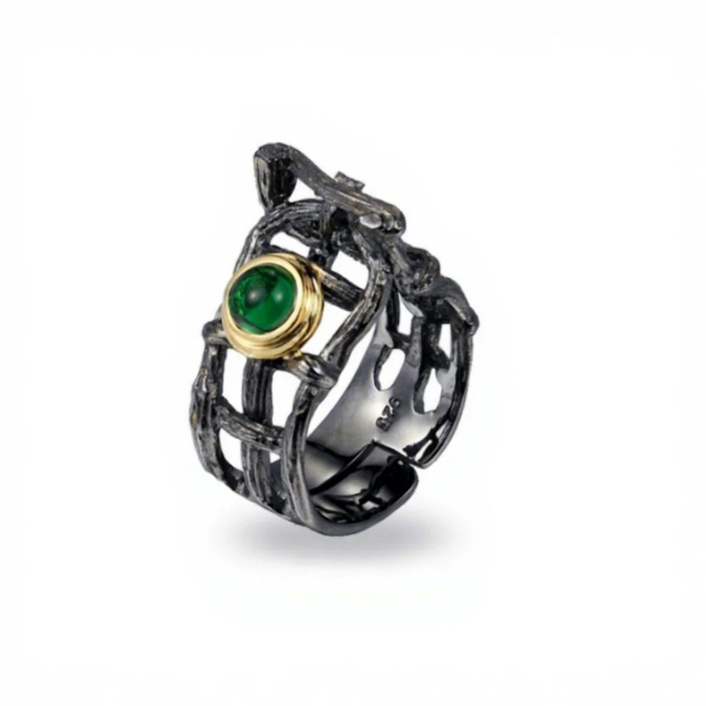 Handmade Funky Green Glass 925 Sterling Silver Black Plated Ring