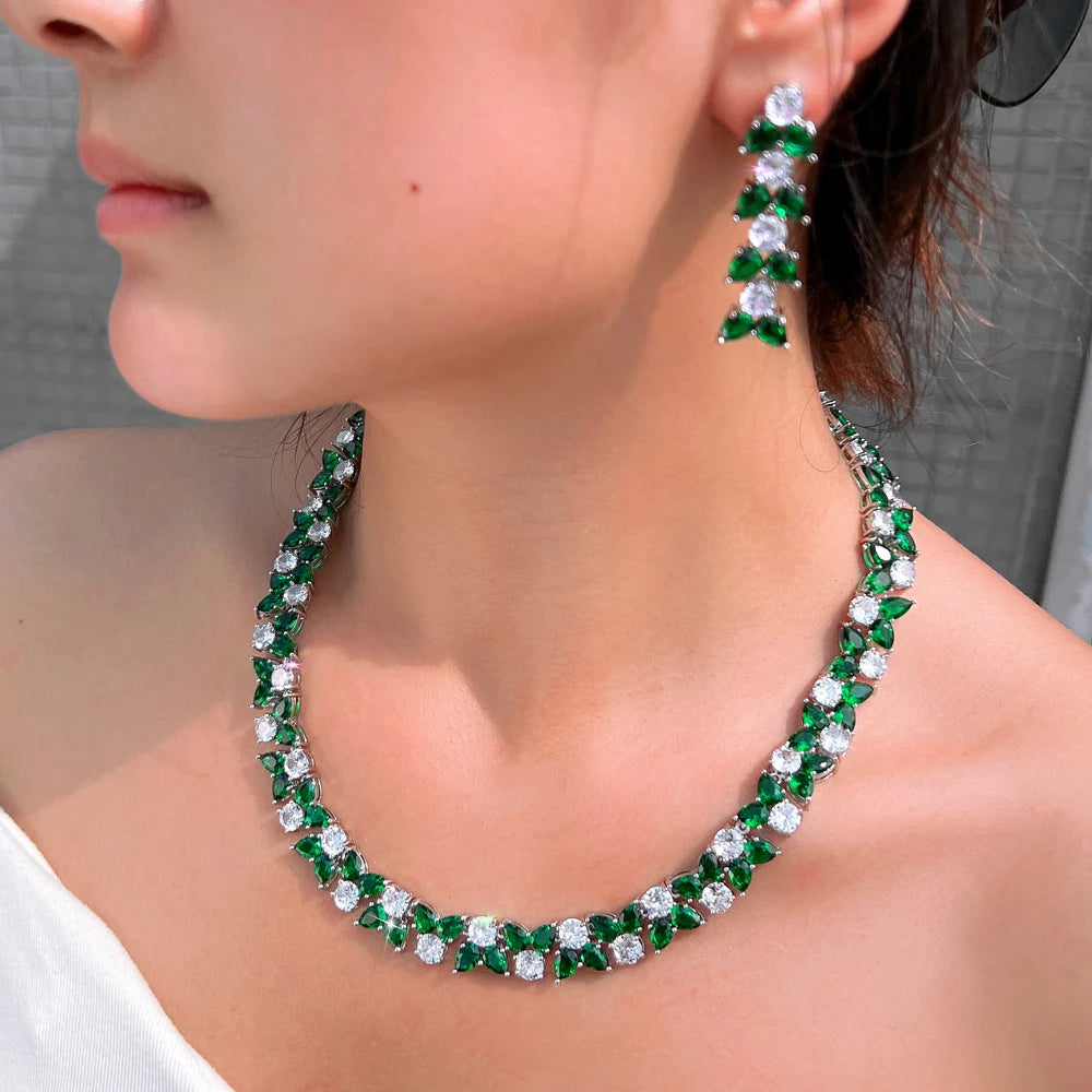 Trendy Green White Color Cubic Zirconia Wedding Brides Anniversary Jewelry Set for Women Necklace and Earrings Dress Accessories
