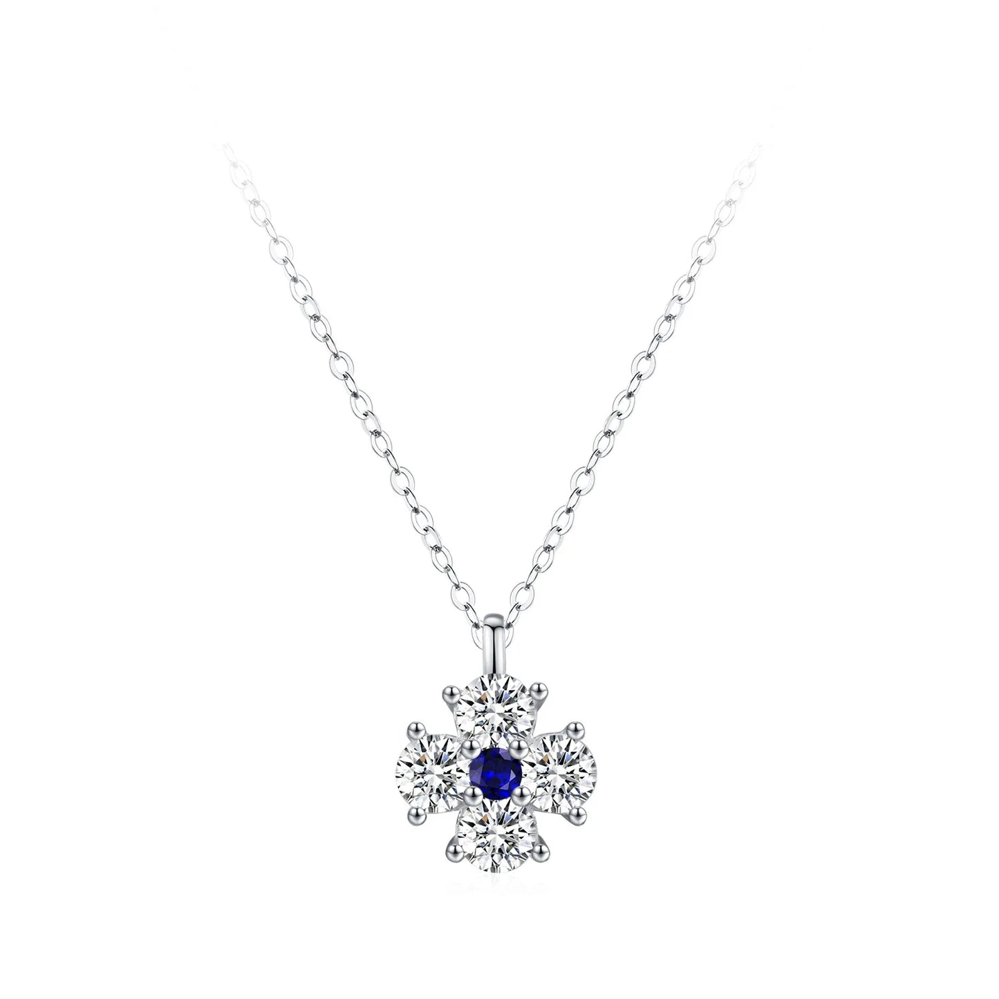 925 Silver Fresh Full Diamond Four Leaf Flower Earnail Necklace Elegant Blue Diamond Jewelry Set Gift Set