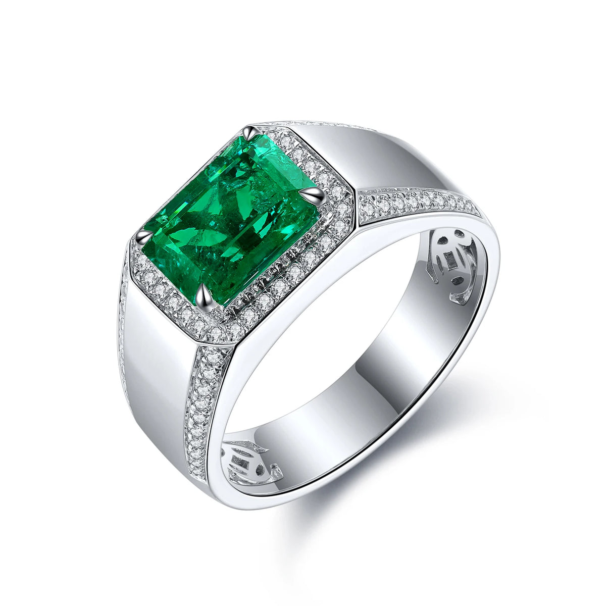 Gemfiori New 925 Sterling Silver Lab Grown Emerald Ring Jewelry Set Emeralt Cut Gemstone for Man Ring