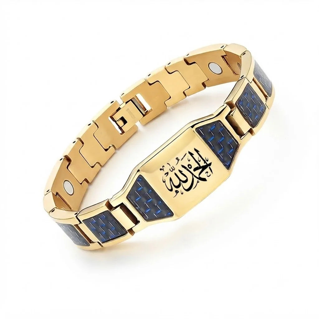 REBEL Black Stainless Steel Magnetic Therapy Link Bracelet with Carbon Fiber Inlay and Masonic Square & Compass Engraved Plate for Men