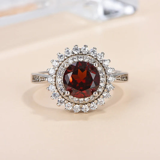 Gioiellieri Natural Garnet Rhodium Plated 925 Sterling Silver Luxury Engagement Ring Round Brilliant Cut Gemstone for Weddings and Parties