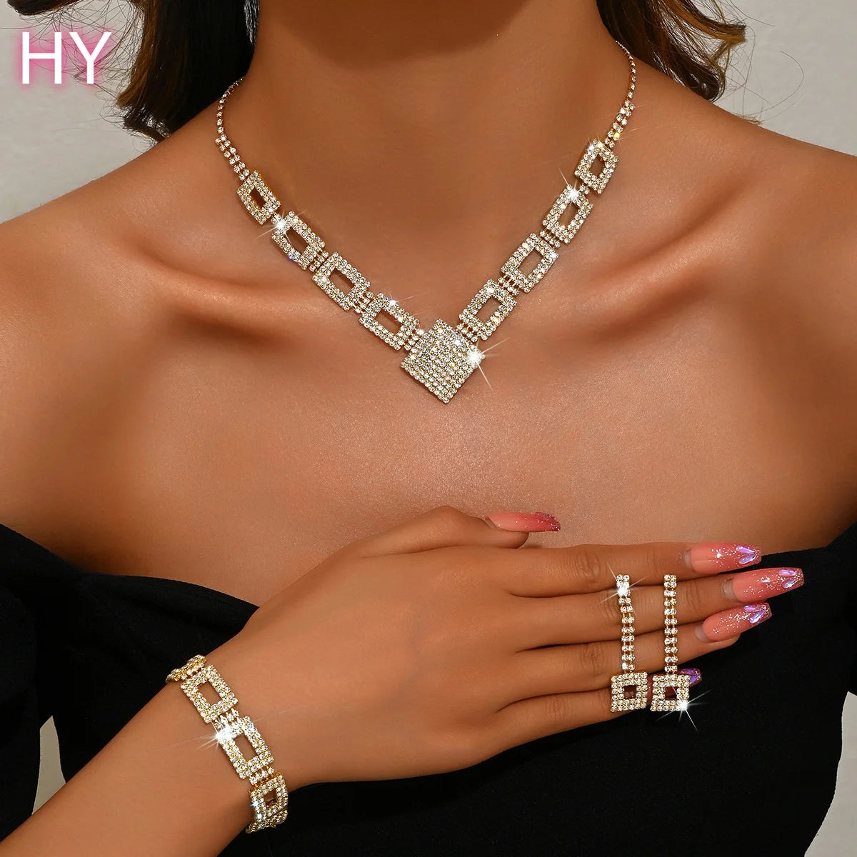 HY   New Luxury Full Diamond Rhinestone Crystal Jewelry Set for Women Trendy Square Earrings Necklace Bracelet Link Wedding