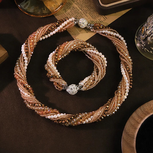 GLSEEVO Natural Freshwater Pearl & Champagne Crystal Multi-Strand Twisted Necklace & Bracelet Set — Luxury Banquet Jewellery