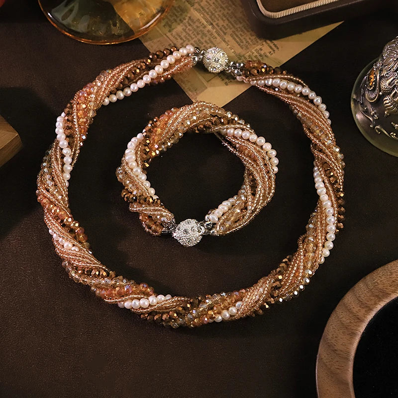 Natural Freshwater Pearl Khaki Glass Bead Jewelry Set for Women Wedding Banquet Party Dainty Pearl Jewelry Set Luxury Jewelry