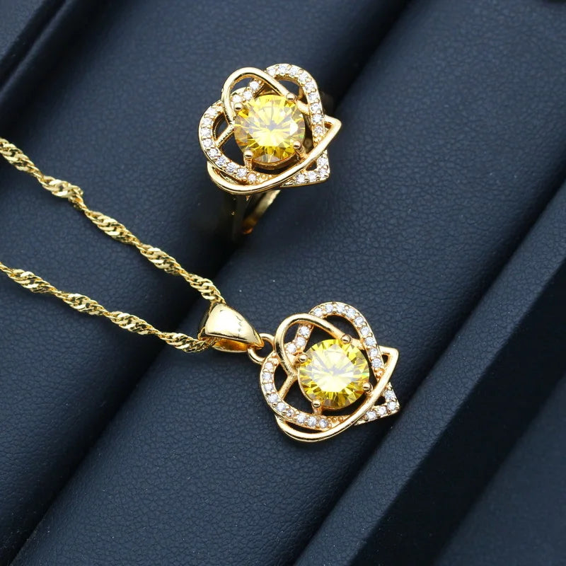 XOTICA Gold Plated Zirconia Heart Design Bridal Sets for Women Includes Earrings Pendant Necklace Ring for Wedding Party Made Alloy