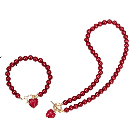 S&S Heart Charm Imitation Pearl Necklace & Bracelet Set – Collection