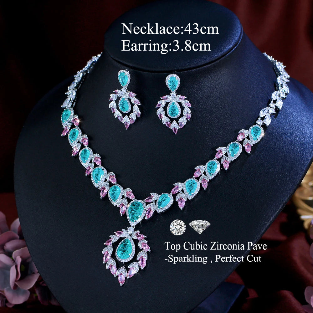 Bohemian Glamorous Necklace Earrings Shiny Light Green Ice Out Cubic Zirconia Wedding Party Jewelry Set for Women Anniversary