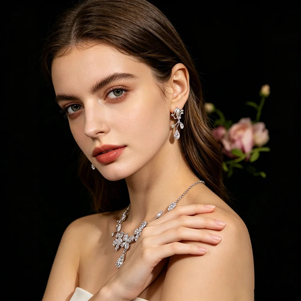 XM S310 Zircon Floral Branch Bridal Necklace & Drop Earrings Set