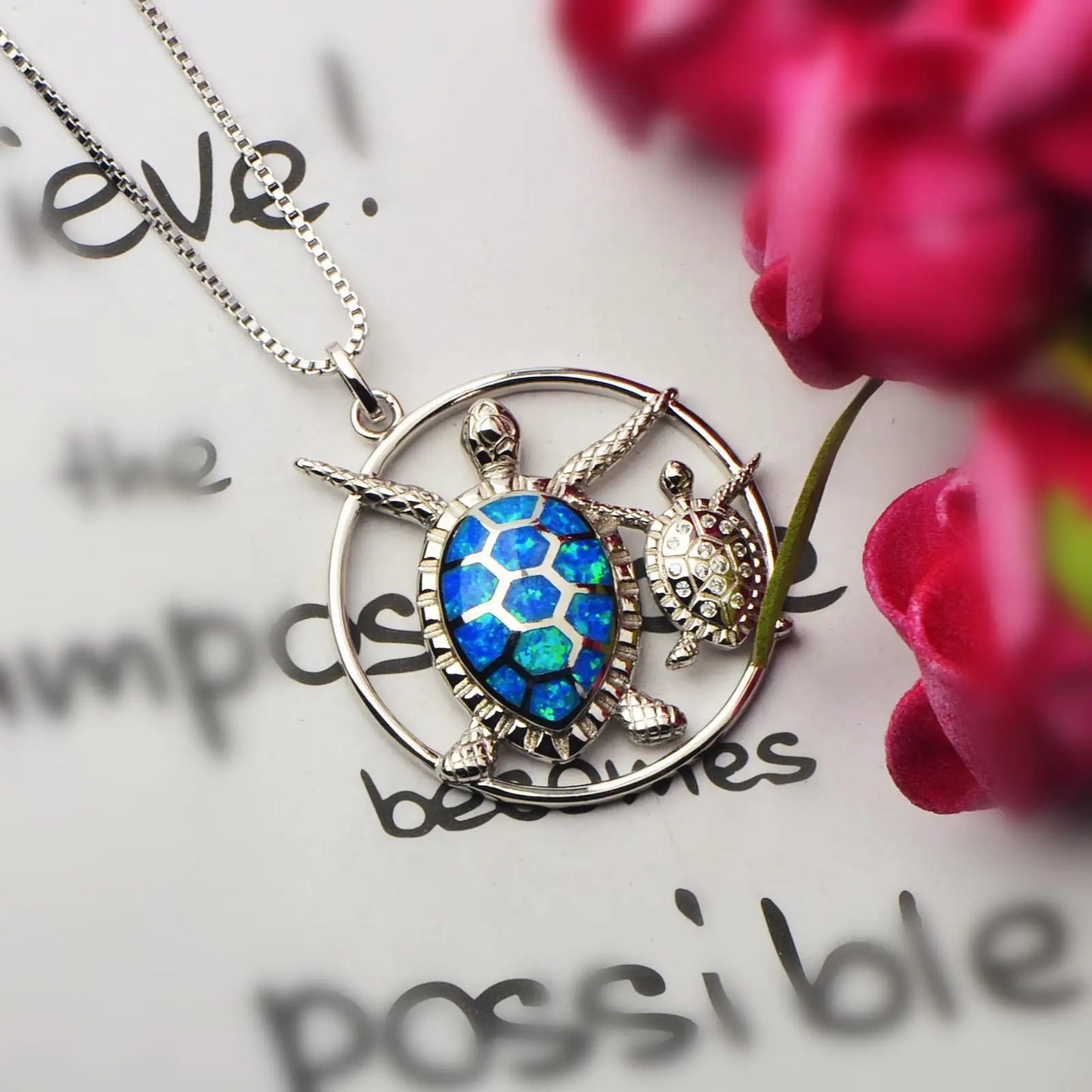 Minimalist Silver Turtle Pendant with Blue Opal | Delicate Copper Box Chain Lariat Necklace-Ladies Gift