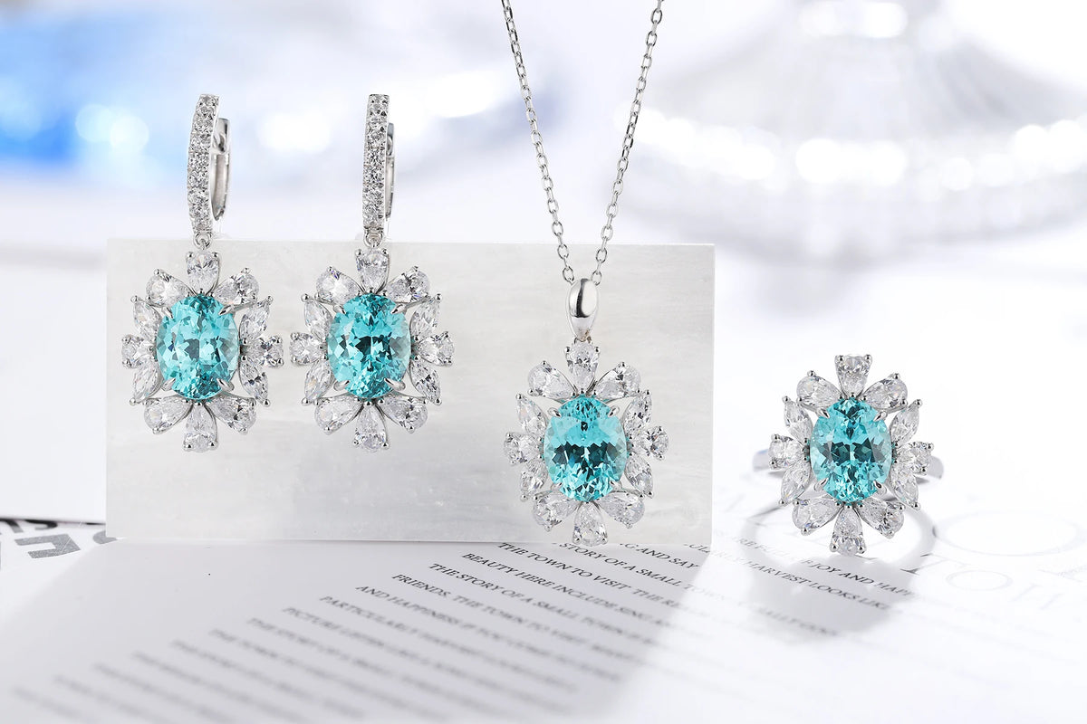 Gemfiori Luxury Lab Diamonds Paraiba S925 Silver Engagement Earrings Lab Grown Gemstone Wedding Jewelry Sets for Women Gift Jewelry