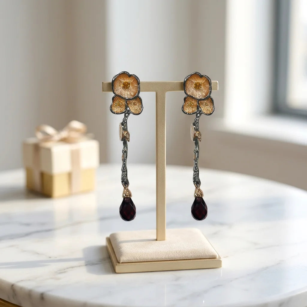 Guangdong Handmade Classic Little Flower 925 Sterling Silver Drop Earrings with Garnet for Wedding & Party Gift