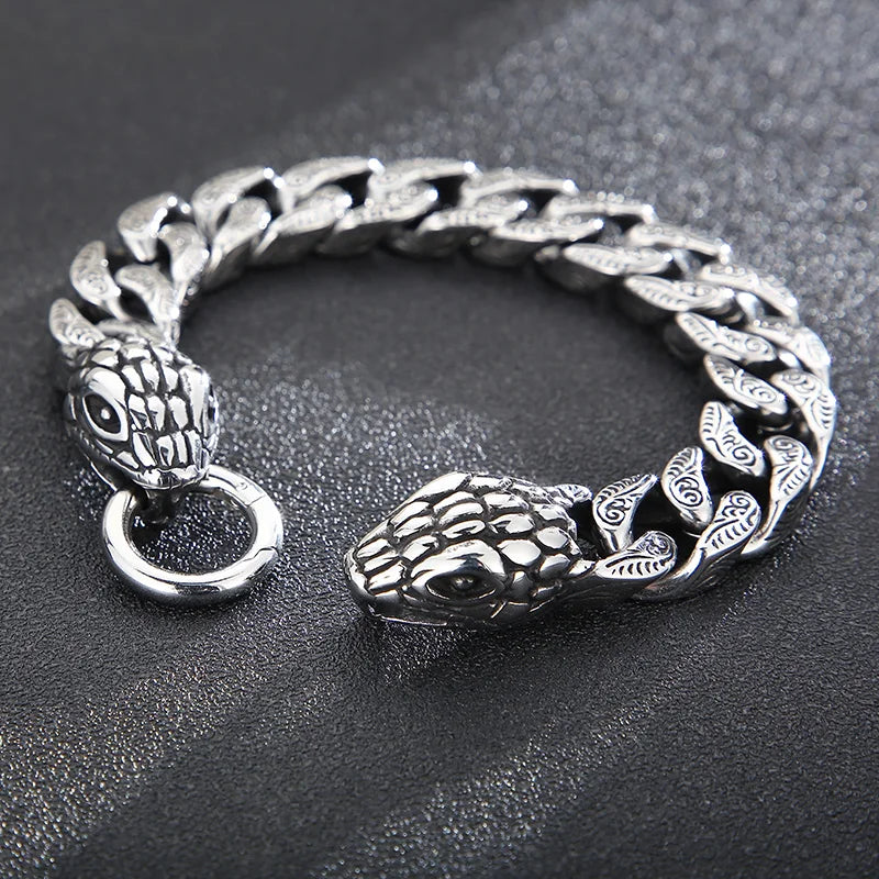 KALEN Men Punk Stainless Steel Ring Clasp Cuban Bracelet With Snake Charms