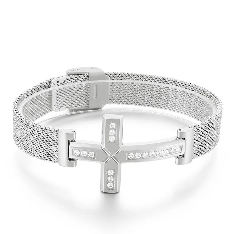 KALEN 230mm Unisex Gold/Silver Color Stainless Steel&Rhinestones Bracelet With Religious Cross Charm