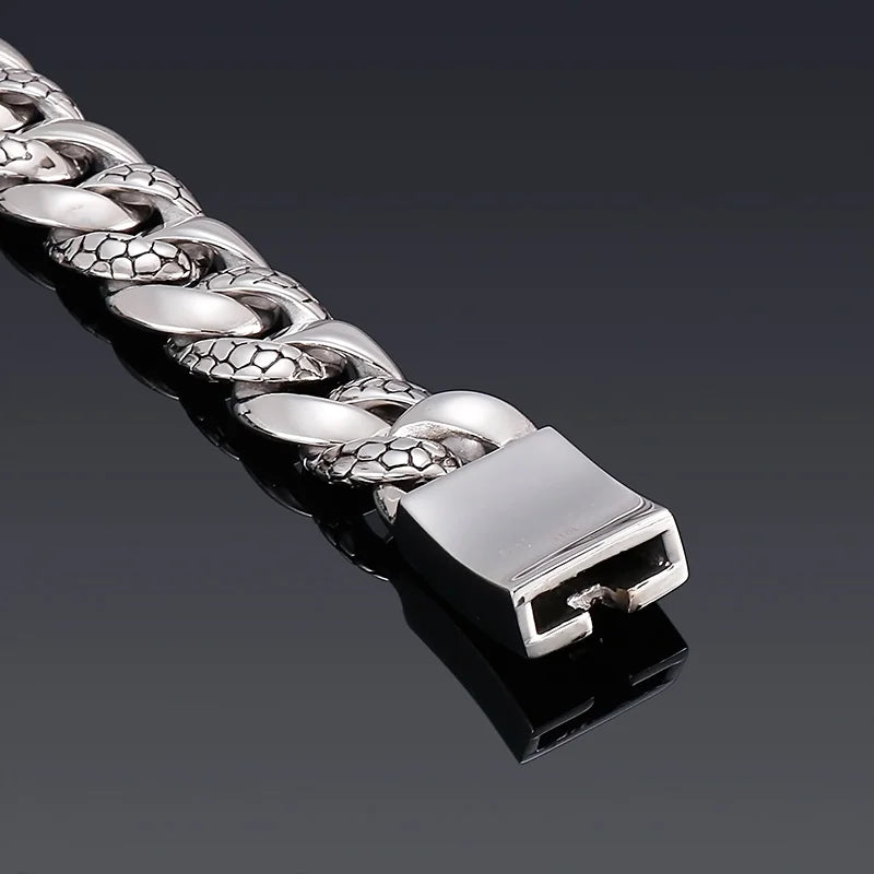 REBEL Polished/Matte Fine Jewelry Fashion Bracelets Men Stainless Steel Snake Skin Cuban Links Bracelet Bangle