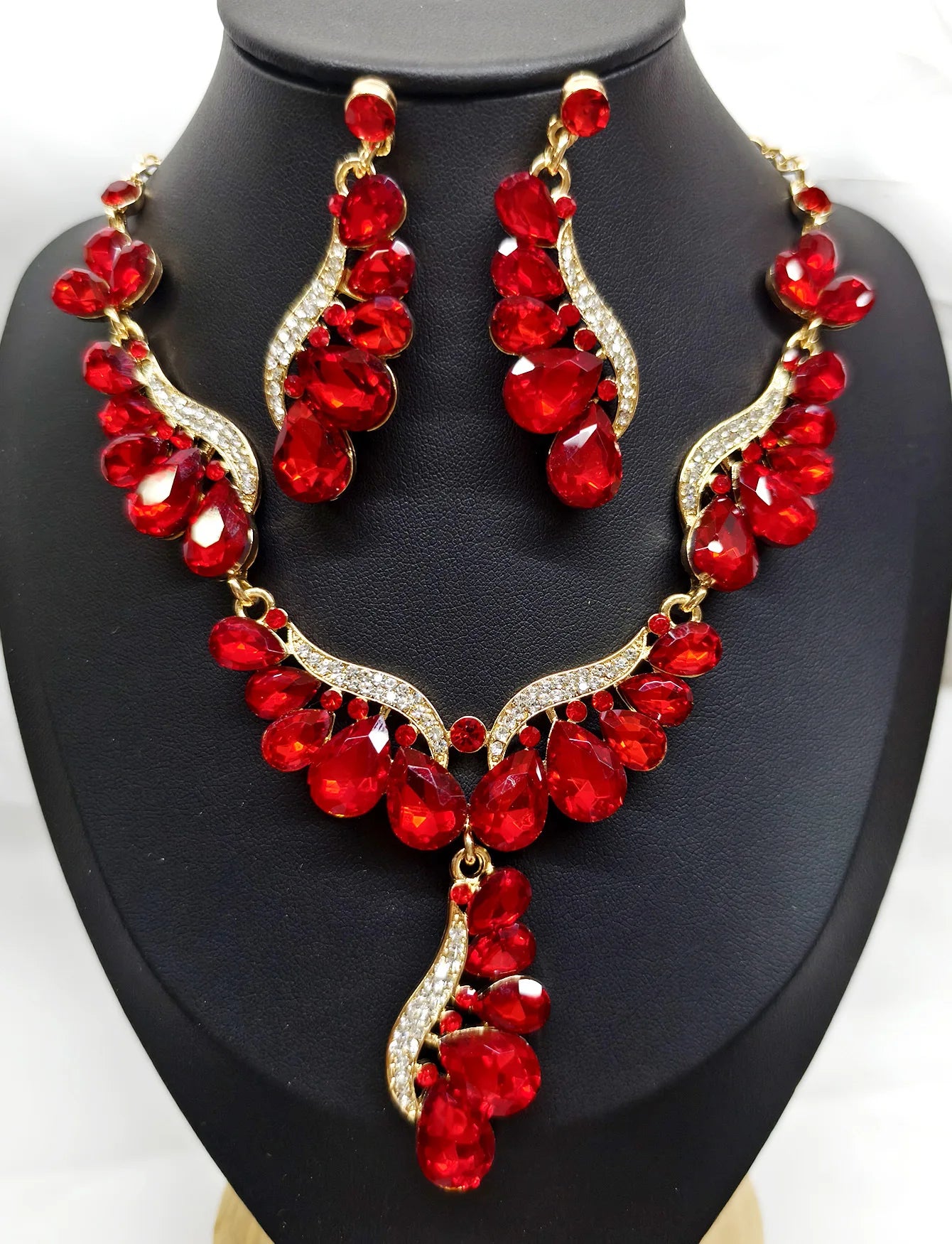 Luxury Multi Color Crystal Drop-Shaped Gemstone Necklace Earrings Jewelry Set for Women
