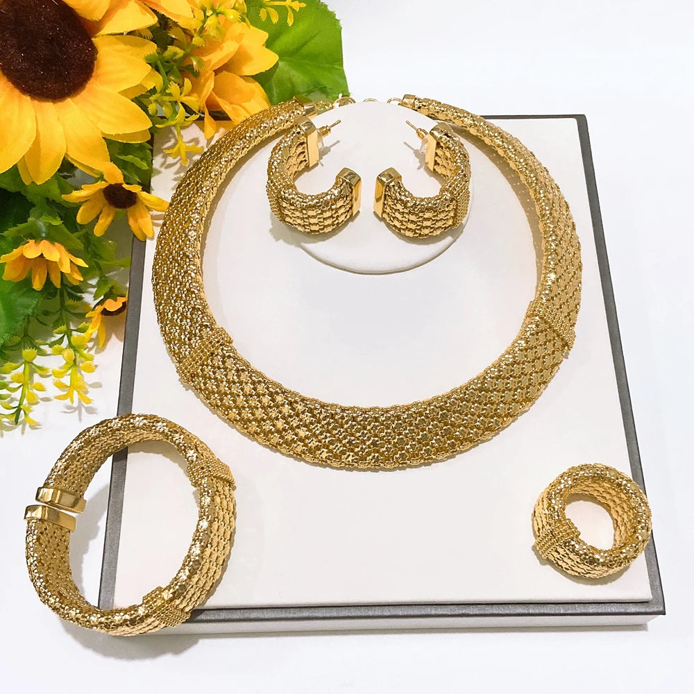Zhuerrui Italian Jewelry Set Brazilian Gold Plated Brass Jewelry Sets Wedding Party Necklace Bracelet Earrings Ring Jewellery